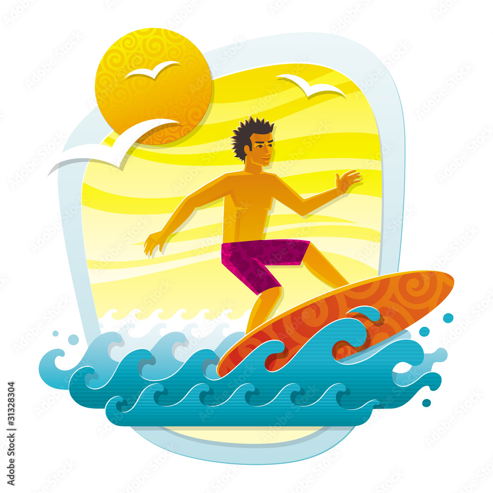Men surfing in tropical sea - applique from color shapes