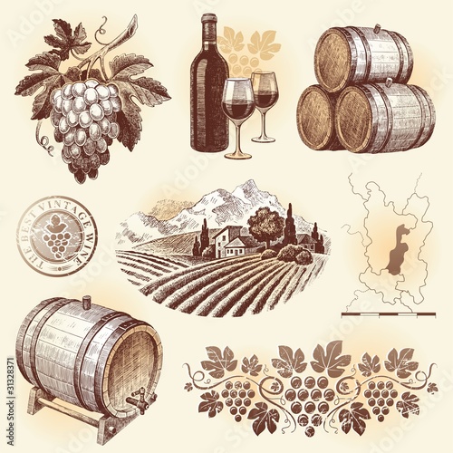 Hand drawn vector set - wine and winemaking