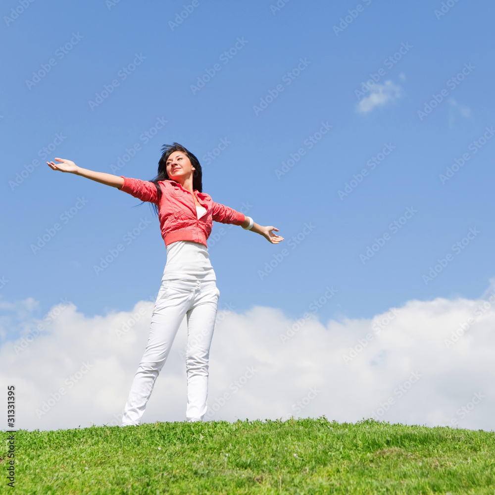 happy young woman dreams to fly on winds happy young woman dreams to fly on winds