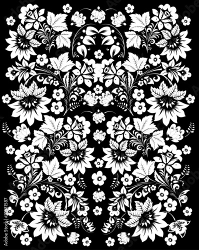 design on black with white flowers