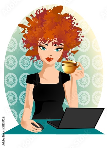 Laptop. Ilustracja kobiety przy komputerze.