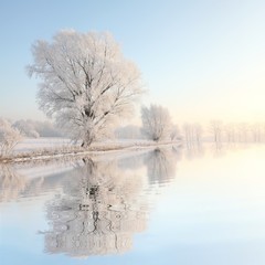 Frosty winter tree against a blue sky with reflection in water