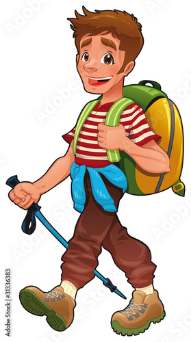 Trekking boy. Funny vector and cartoon isolated character.