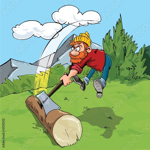 Cartoon lumberjack chopping a huge log