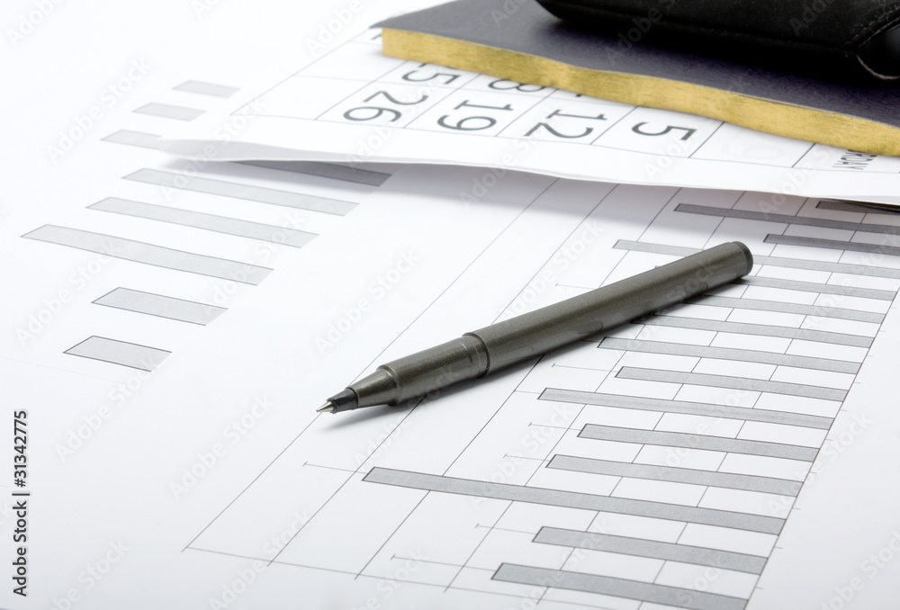 a pen, a notebook and financial statement a pen, a notebook and financial statement