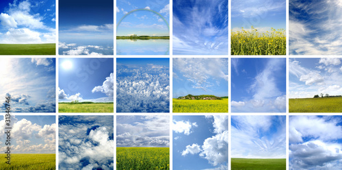 A collage of background images with sky, water and grass