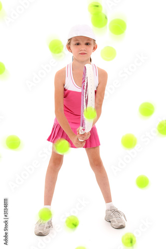 Girl Child Tennis Player Pelted with Tennis Balls © Ixepop