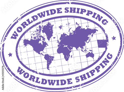 Stamp with a world map and the text worldwide shipping
