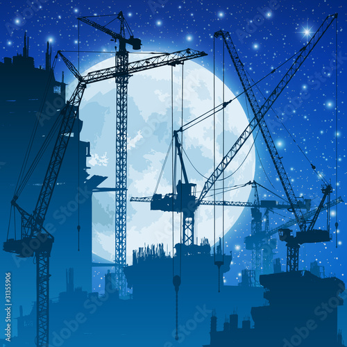 Tower Cranes on Construction Site with Night Sky and Moon