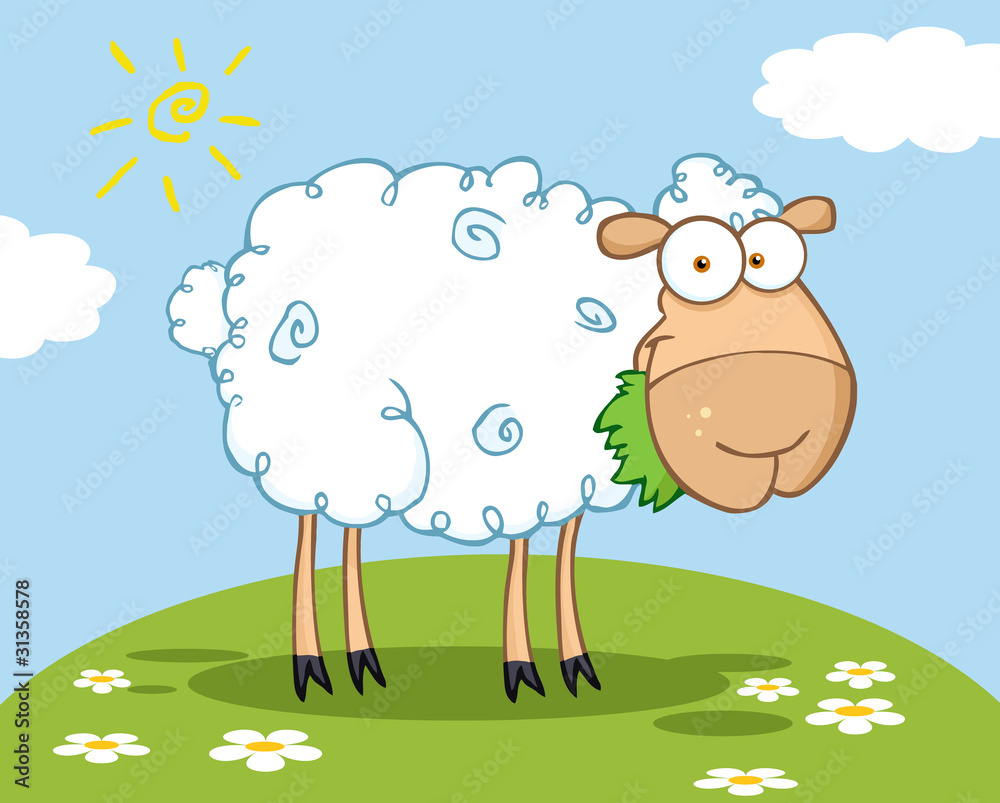 Fototapeta premium White Sheep Cartoon Character Eating A Grass On A Hill