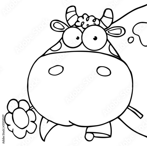 Outlined Cow Head Cartoon  Carrying A Flower In Its Mouth