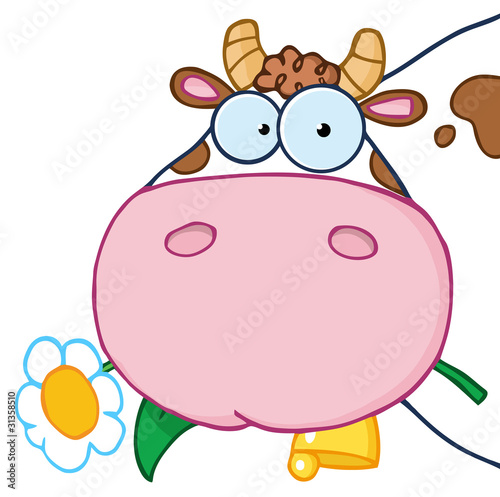 Cow Head Cartoon Character Carrying A Flower In Its Mouth