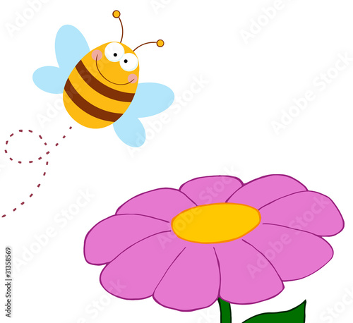 Bee Cartoon Character Flying Over Flower