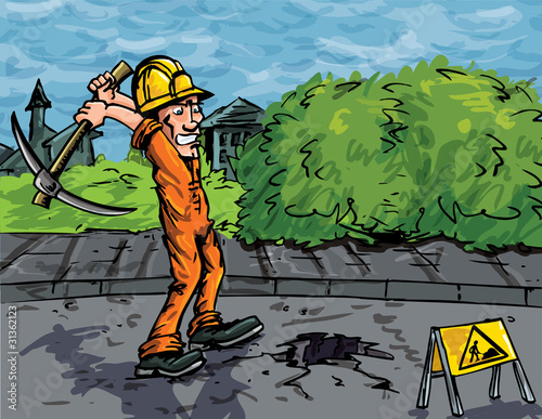 Cartoon of labourer using a pick axe