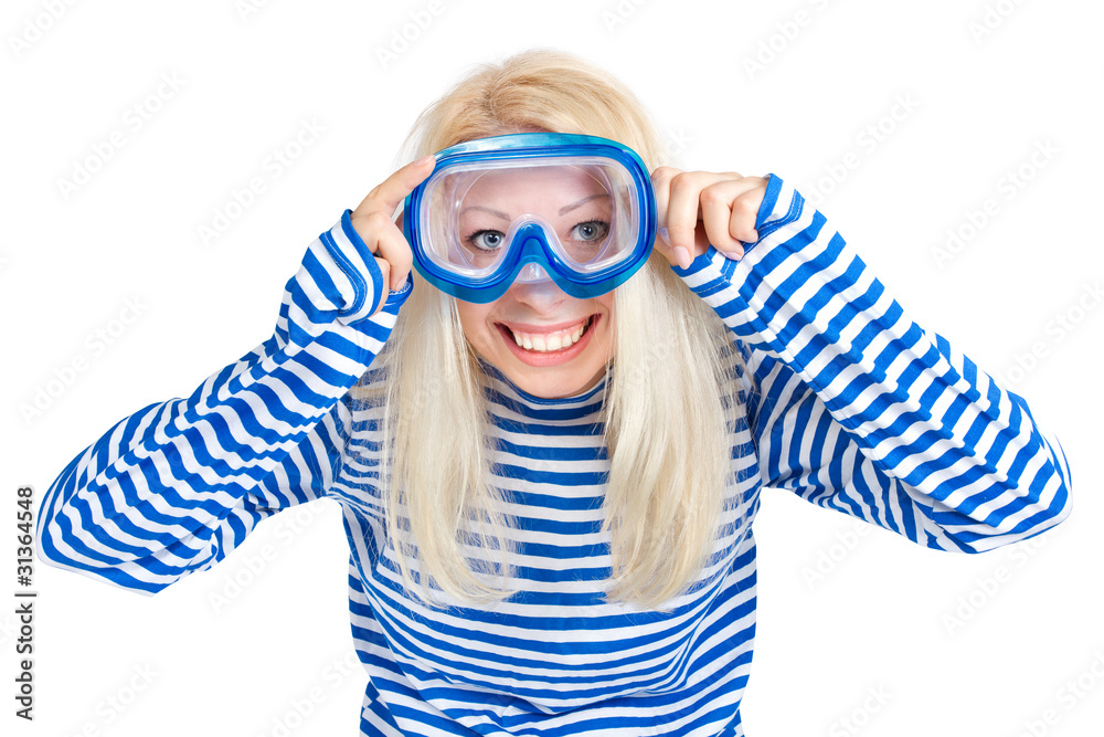 Funny woman in diving mask in sailor dress Funny woman in diving mask in sailor dress