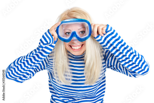 Funny woman in diving mask in sailor dress