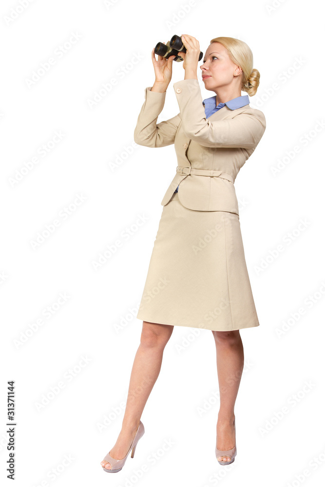 Business woman looks through binoculars Business woman looks through binoculars