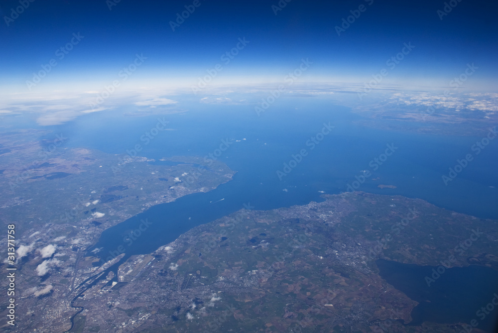 High altitude view of coastline. Belfast, in Northern Ireland.