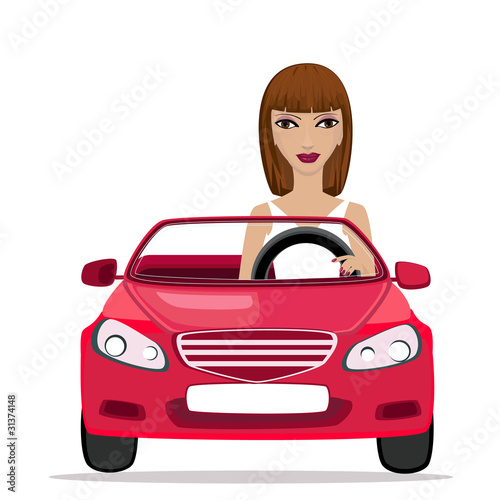 Woman in a red convertible