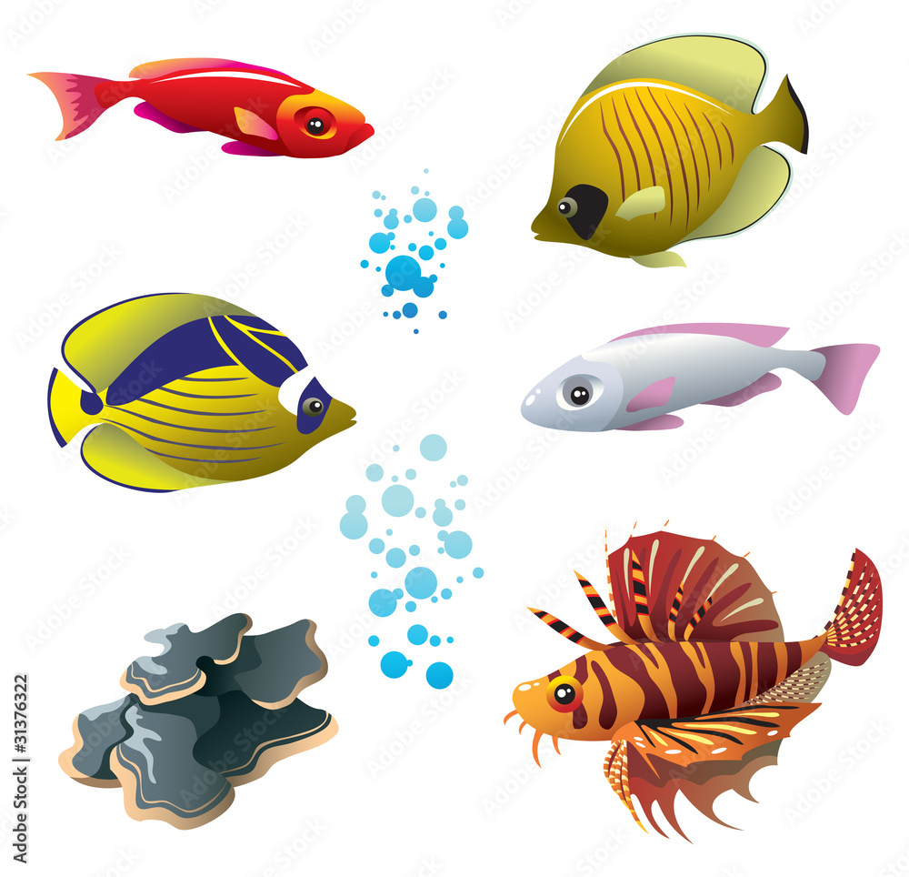 Fototapeta premium Set of tropical bright fishes and polyp, vector illustration
