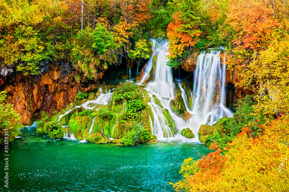Waterfall in Autumn Forest - obrazy, fototapety, plakaty 