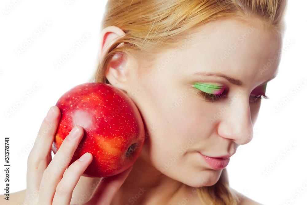 portrait of young woman with red apple isolated on white portrait of young woman with red apple isolated on white