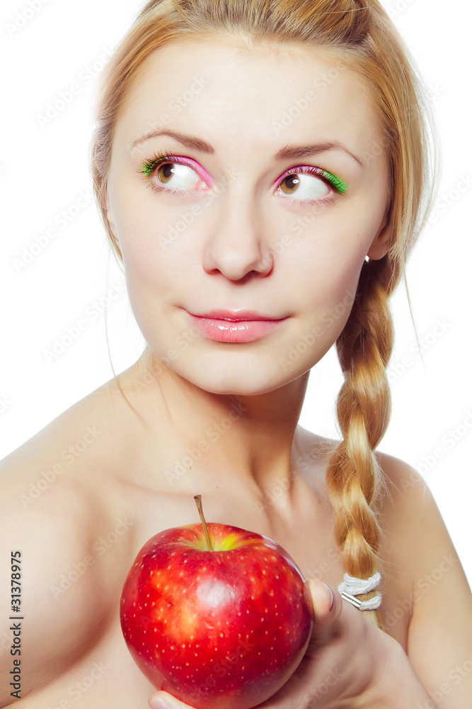 portrait of young woman with red apple isolated on white portrait of young woman with red apple isolated on white