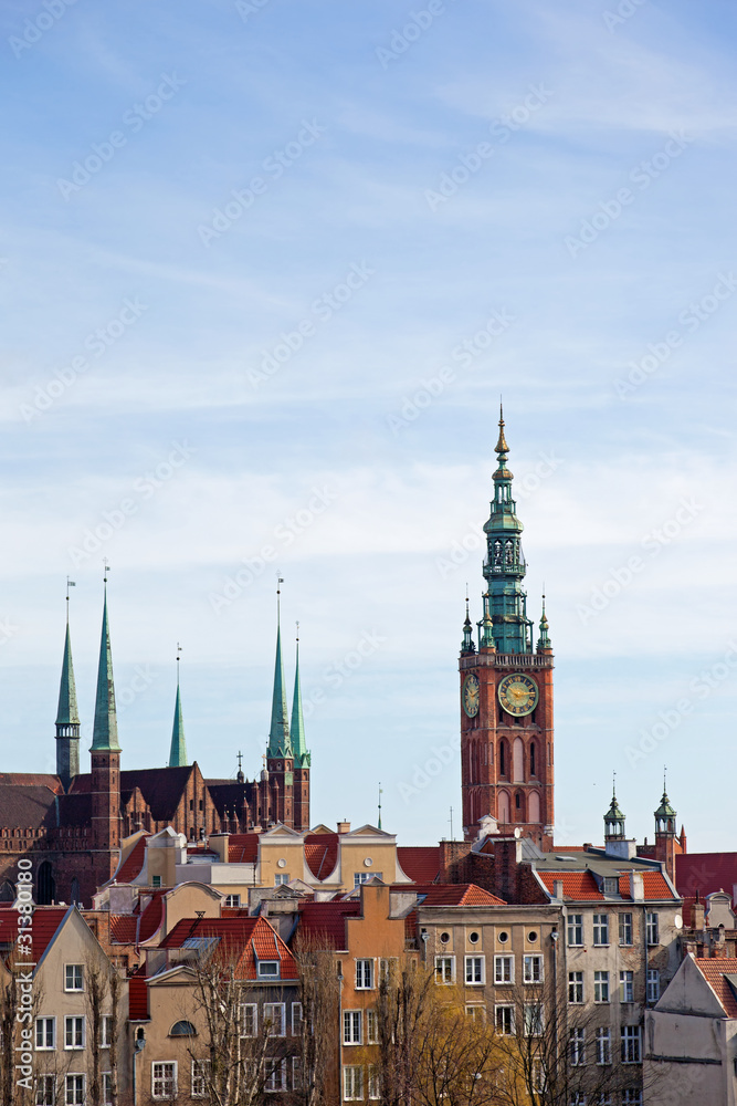 Fototapeta premium Aerial view City Hall in Gdansk, Poland