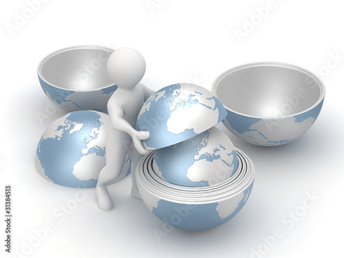 Canvas Print Men with earth on white isolated background