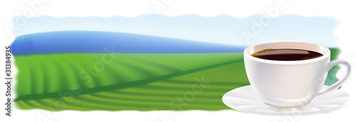 A cup of coffee and coffee plantations. Panorama.