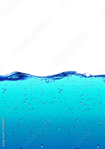 Blue water and water drops on a white background