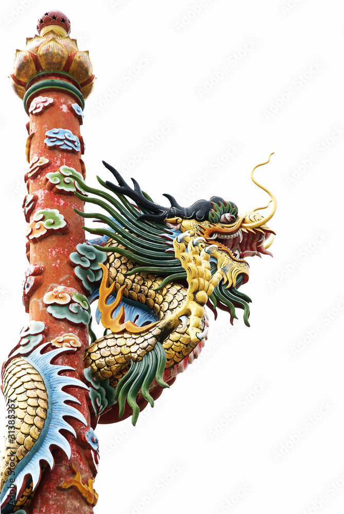 Dragon statue wrap around red Isolated on a white background Dragon statue wrap around red Isolated on a white background