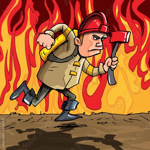 Cartoon fireman running with an axe