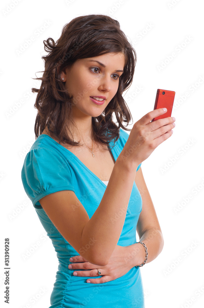 Frau schreibt mit Handy eine SMS Frau schreibt mit Handy eine SMS