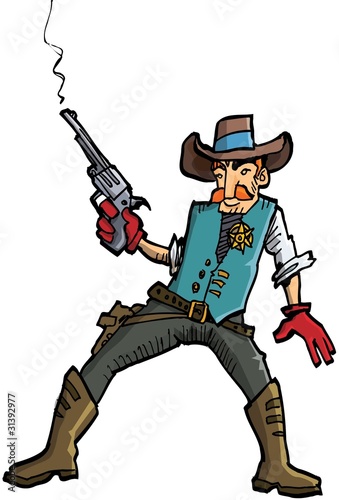 Cartoon cowboy with a gun belt and cowboy hat