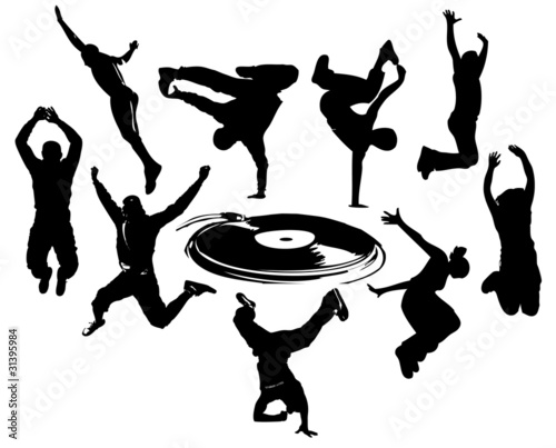 Silhouettes of people dancing and jumping