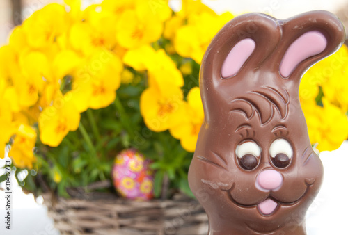 Easter bunny in front of flowers