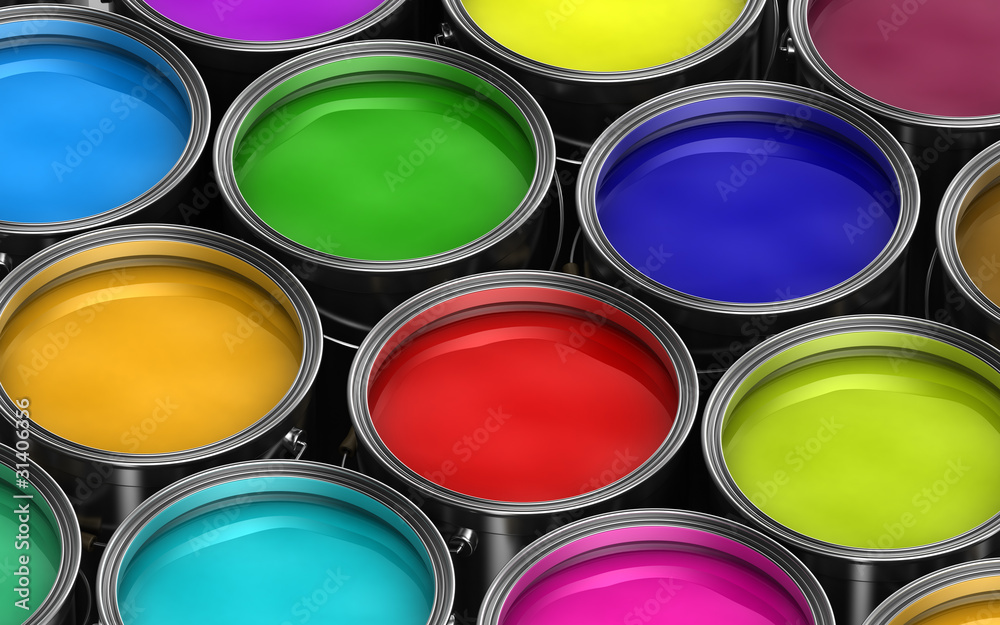Many paint buckets with different colored paints Many paint buckets with different colored paints