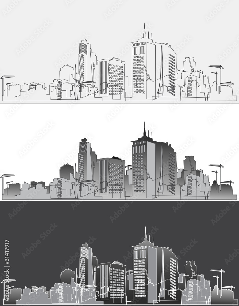 Silhouette of a modern city in three variants