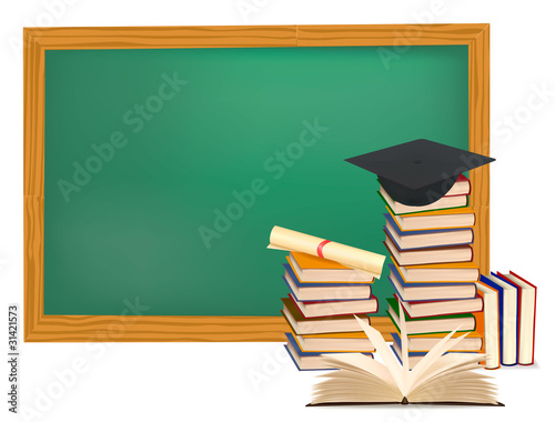 Stack of colorful books and graduation cap. Vector