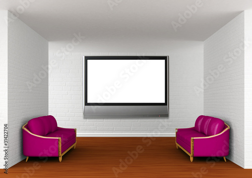 Fototapeta Naklejka Na Ścianę i Meble -  gallery's hall with purple couches and lcd TV
