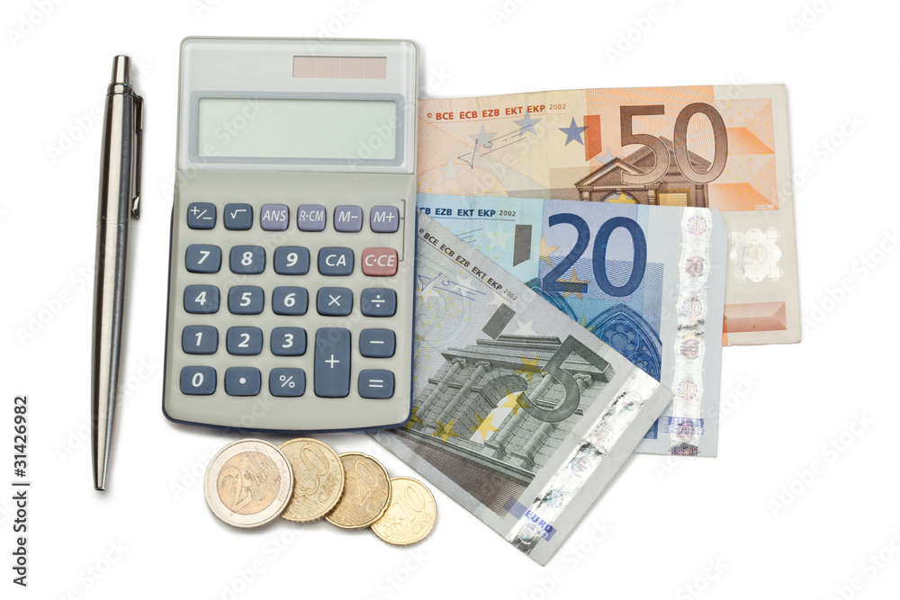 Cash and coins with pen and pocket calculator Cash and coins with pen and pocket calculator