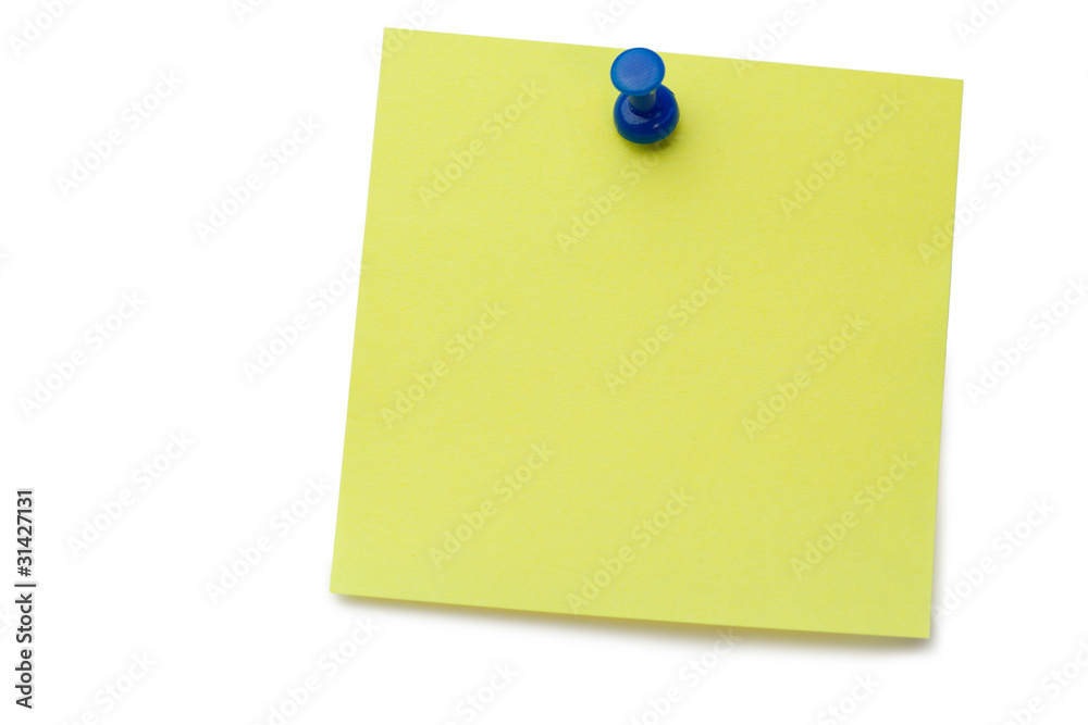 Yellow post-it with drawing pin Yellow post-it with drawing pin