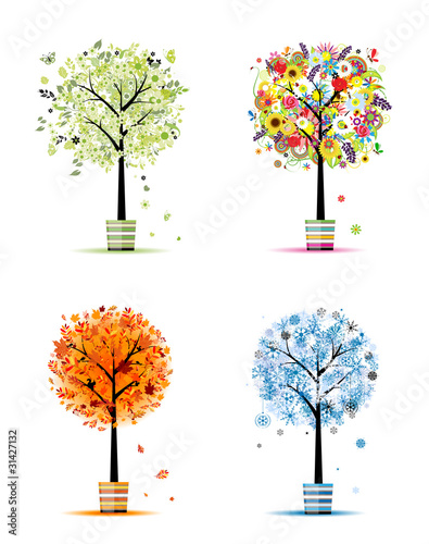 Four seasons - spring, summer, autumn, winter. Art trees in pots