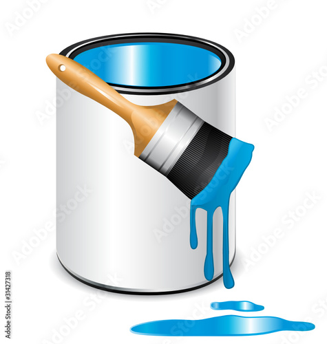 Blue paint can and brushpaint
