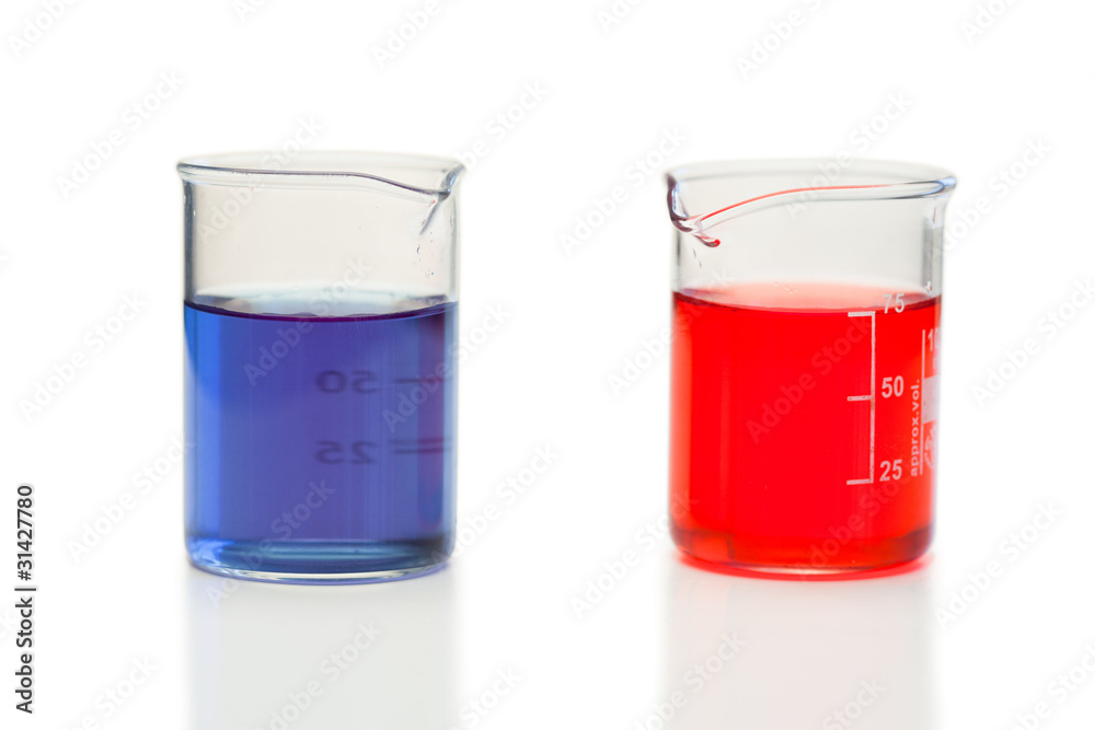 Red and blue liquid in beakers Red and blue liquid in beakers