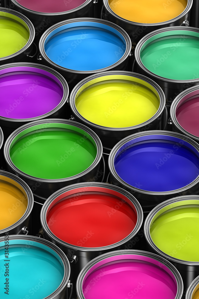 Many paint buckets with different colored paints Many paint buckets with different colored paints