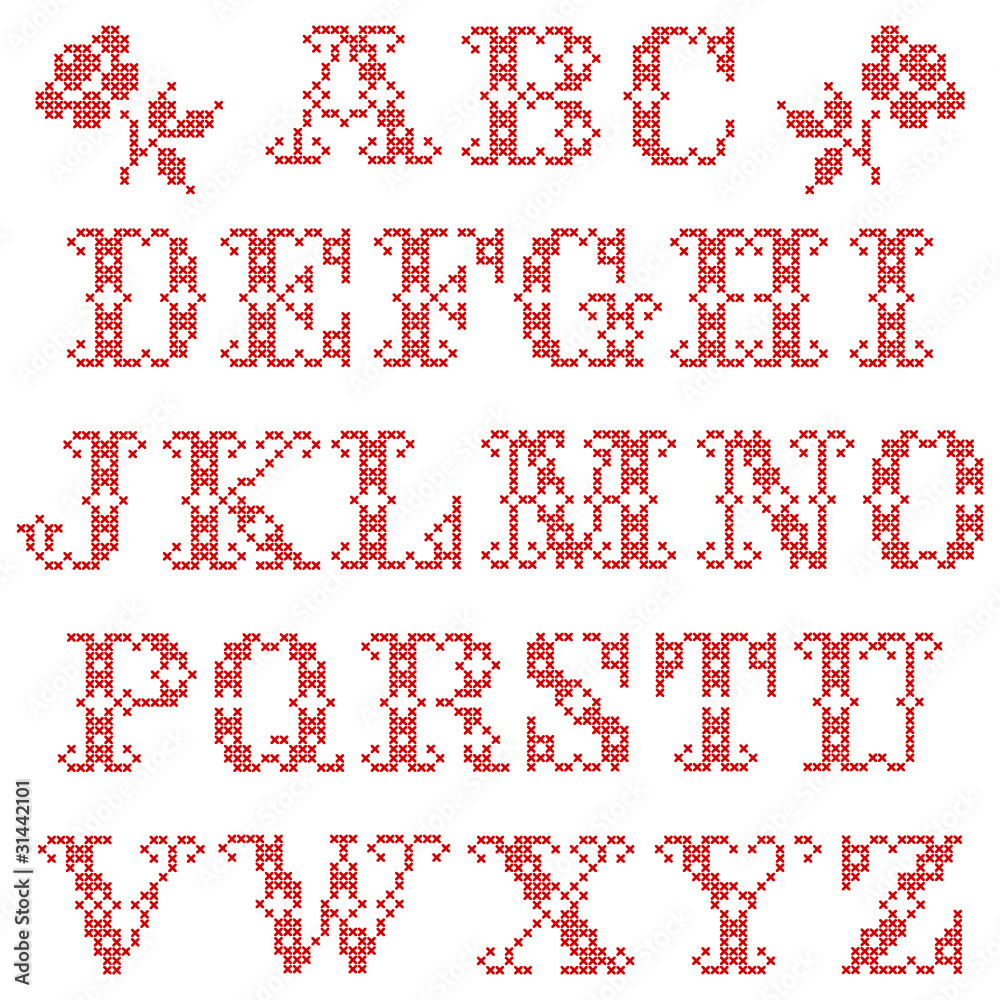 Set Of Alphabetic Characters Cross Stitch Red