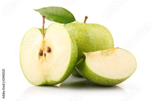 Ripe green apple fruit with leaf and slices isolated