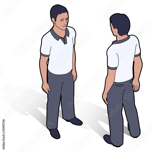 Isometric man in polo shirt front and back poses